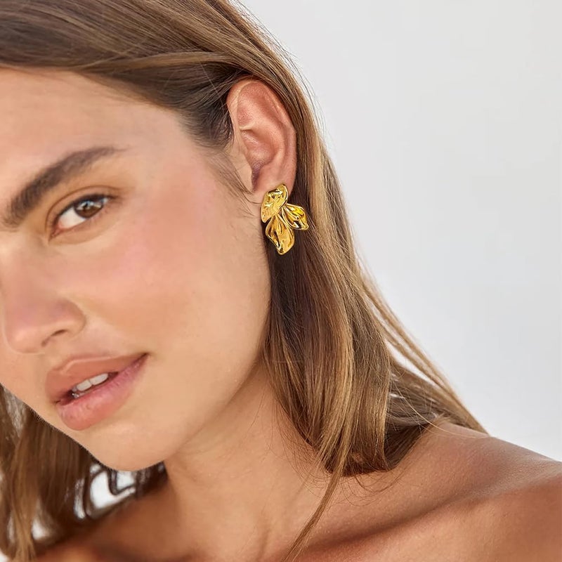 FAUTHENTICUTE Chunky Gold Statement Earrings For Women Gold Plated Sectored Flower Leaf Shell Angel Wing Earrings Large Stud Earrings Hypoallergenic Earrings - Image 2